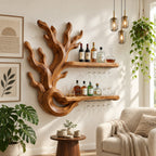 Coral Branch Wine Rack with Looped Base and Two Floating Bottle Shelves, Carved Solid Wood Wall Bar