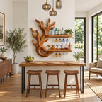 Coral Branch Wine Rack with Looped Base and Two Floating Bottle Shelves, Carved Solid Wood Wall Bar