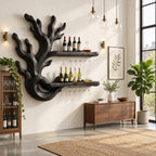 Coral Branch Wine Rack with Looped Base and Two Floating Bottle Shelves, Carved Solid Wood Wall Bar