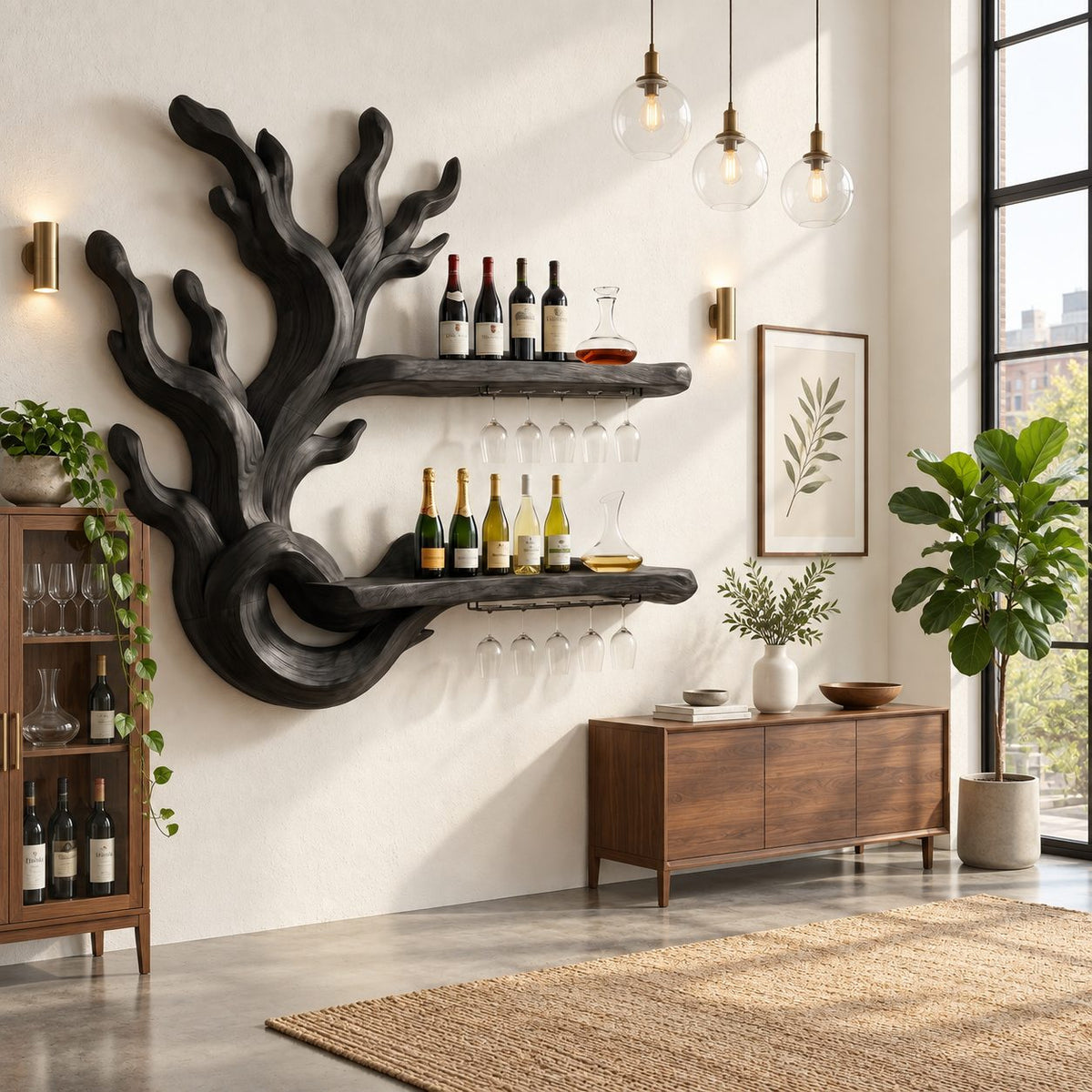Coral Branch Wine Rack with Looped Base and Two Floating Bottle Shelves, Carved Solid Wood Wall Bar