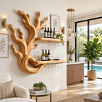 Coral Branch Wine Rack with Looped Base and Two Floating Bottle Shelves, Carved Solid Wood Wall Bar