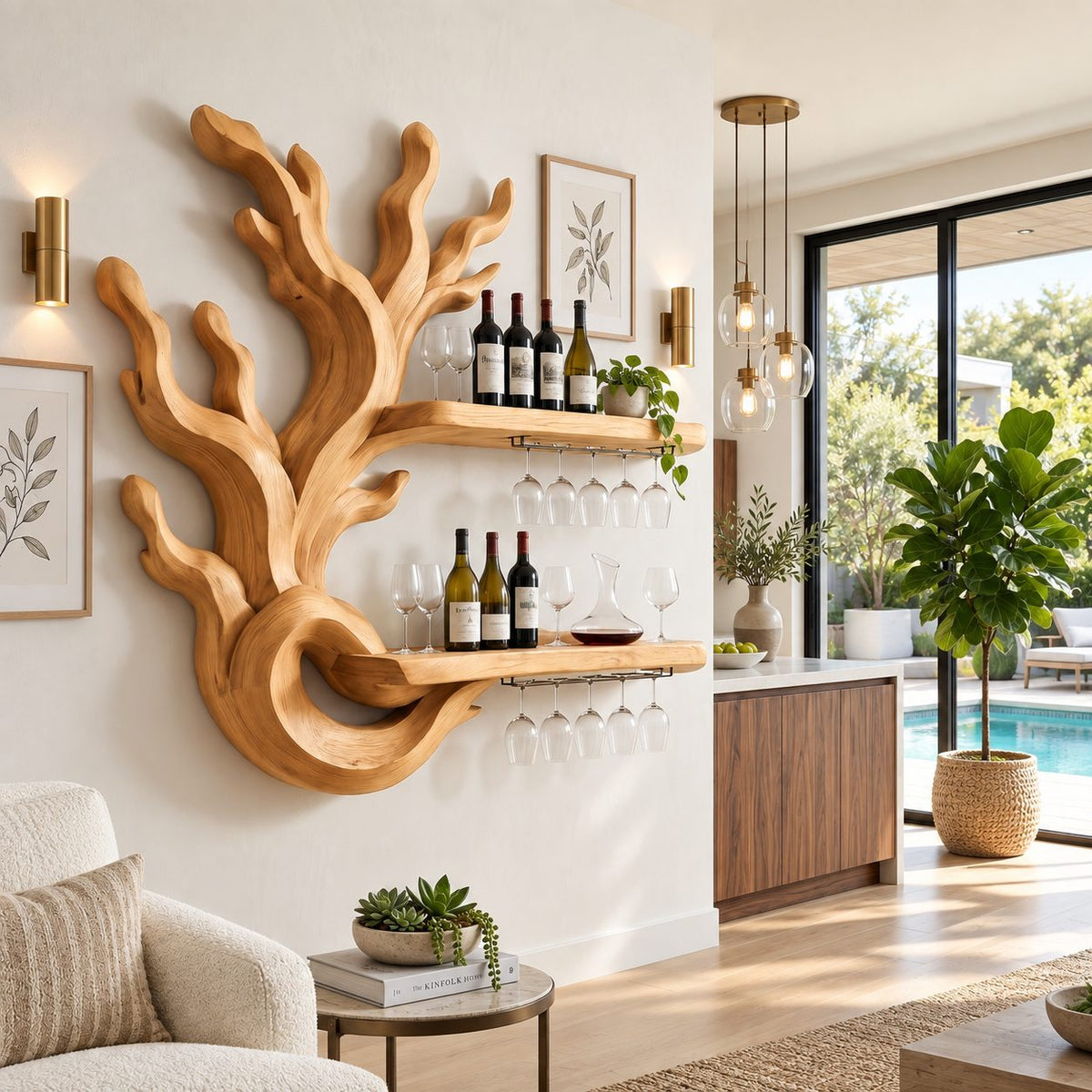 Coral Branch Wine Rack with Looped Base and Two Floating Bottle Shelves, Carved Solid Wood Wall Bar