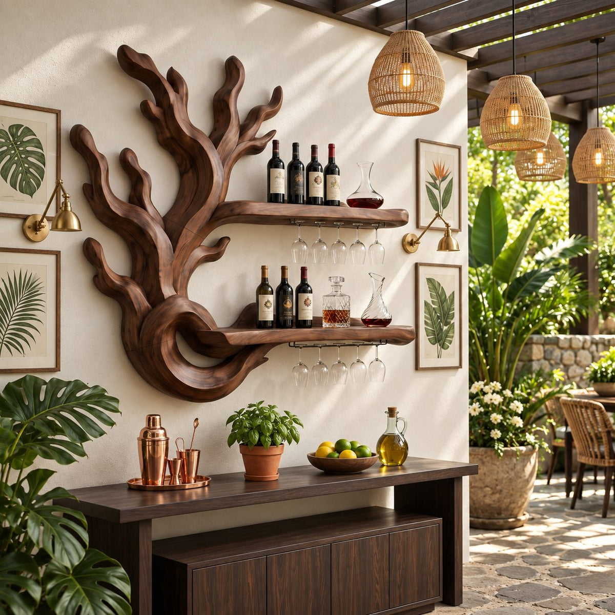 Coral Branch Wine Rack with Looped Base and Two Floating Bottle Shelves, Carved Solid Wood Wall Bar
