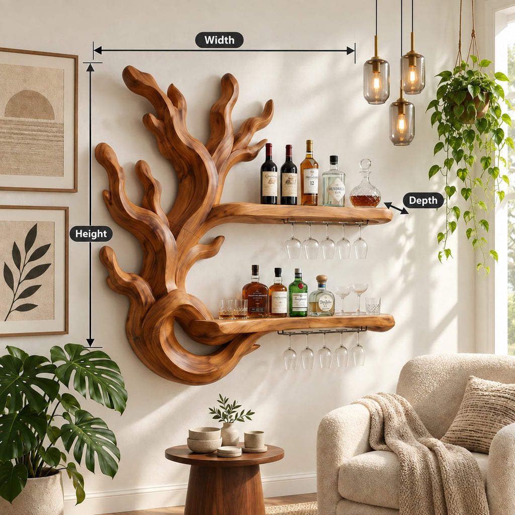 Coral Branch Wine Rack with Looped Base and Two Floating Bottle Shelves, Carved Solid Wood Wall Bar