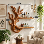 Coral Branch Wine Rack with Looped Base and Two Floating Bottle Shelves, Carved Solid Wood Wall Bar