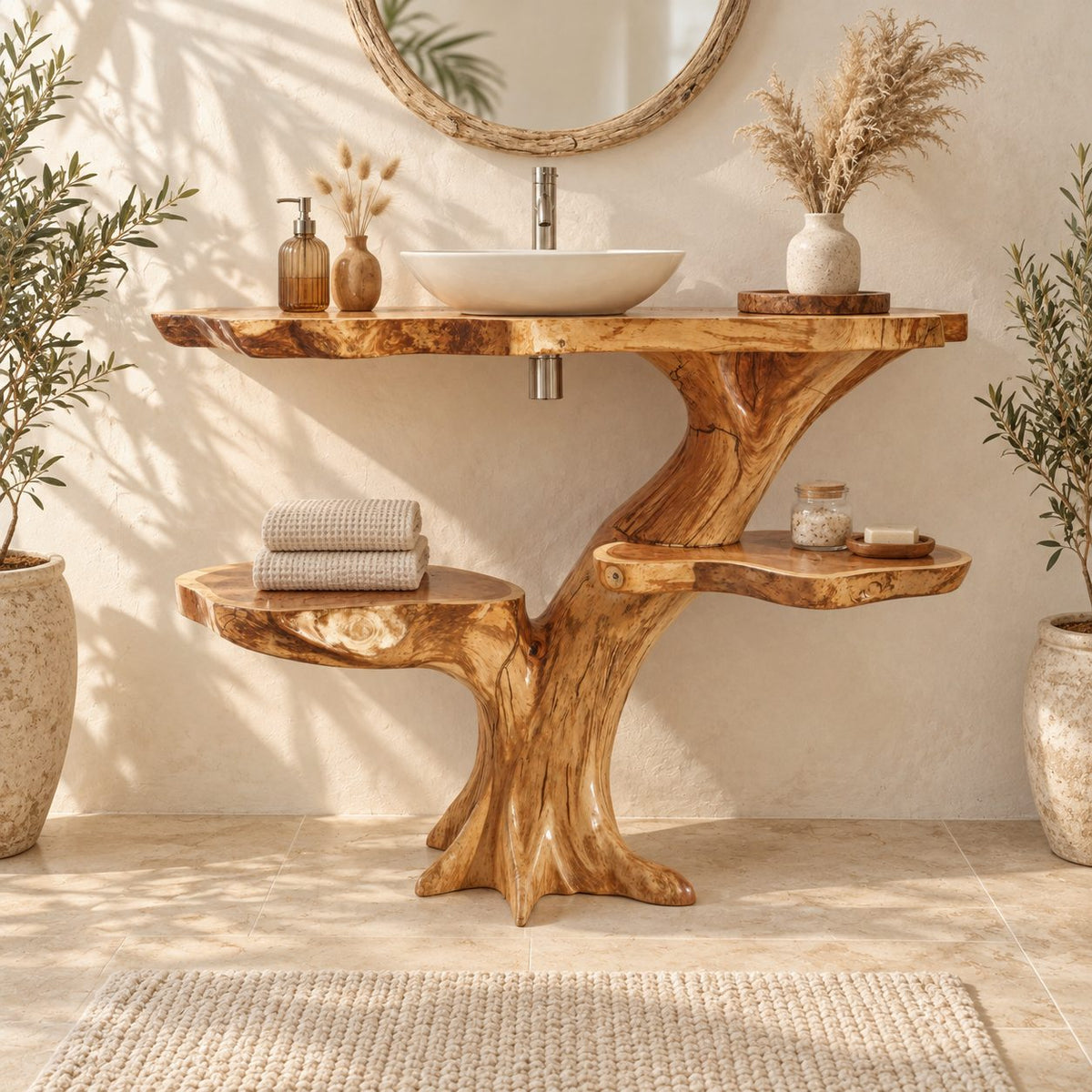 Two Shelf Tree Trunk Bathroom Vanity 30-79 Inch, Live Edge Top with Round Side Shelves on Root Feet