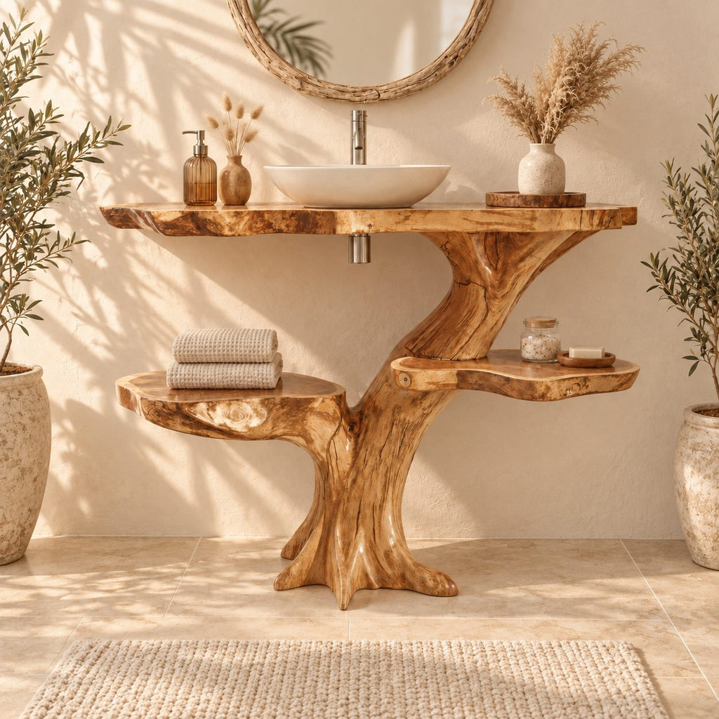 Two Shelf Tree Trunk Bathroom Vanity 30-79 Inch, Live Edge Top with Round Side Shelves on Root Feet