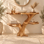 Two Shelf Tree Trunk Bathroom Vanity 30-79 Inch, Live Edge Top with Round Side Shelves on Root Feet