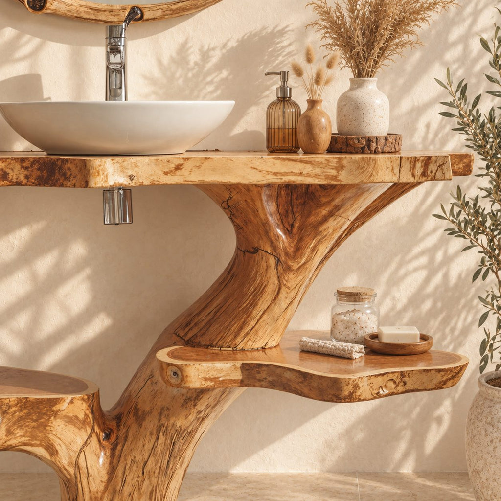 Two Shelf Tree Trunk Bathroom Vanity 30-79 Inch, Live Edge Top with Round Side Shelves on Root Feet