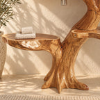 Two Shelf Tree Trunk Bathroom Vanity 30-79 Inch, Live Edge Top with Round Side Shelves on Root Feet