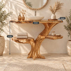 Two Shelf Tree Trunk Bathroom Vanity 30-79 Inch, Live Edge Top with Round Side Shelves on Root Feet