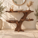 Two Shelf Tree Trunk Bathroom Vanity 30-79 Inch, Live Edge Top with Round Side Shelves on Root Feet