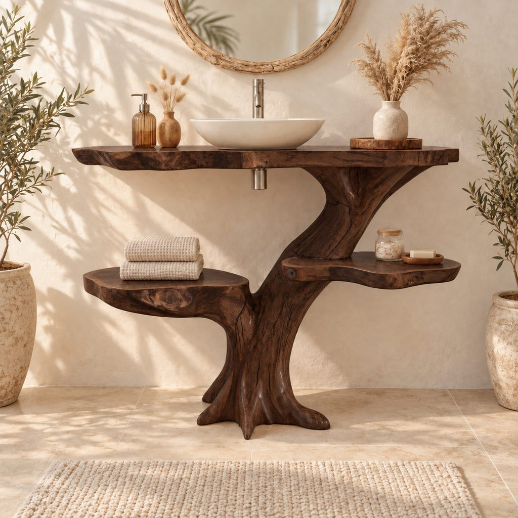 Two Shelf Tree Trunk Bathroom Vanity 30-79 Inch, Live Edge Top with Round Side Shelves on Root Feet