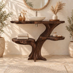 Two Shelf Tree Trunk Bathroom Vanity 30-79 Inch, Live Edge Top with Round Side Shelves on Root Feet