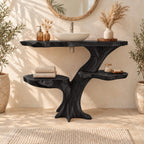Two Shelf Tree Trunk Bathroom Vanity 30-79 Inch, Live Edge Top with Round Side Shelves on Root Feet