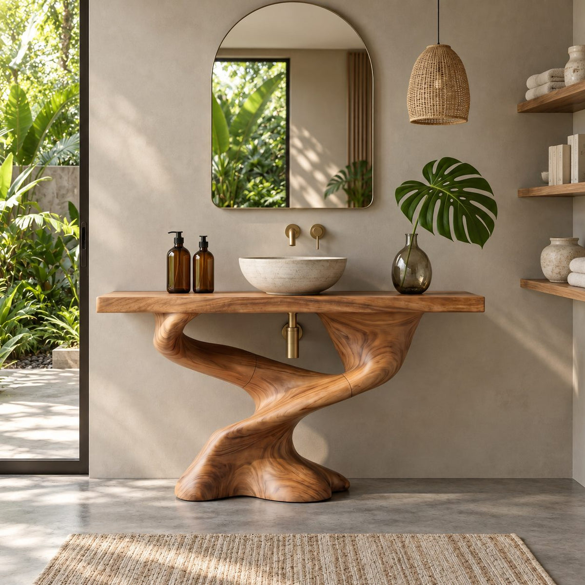 Sculpted S-Curve Bathroom Vanity 30-80 Inch, Carved Solid Wood Pedestal Base with Slab Countertop