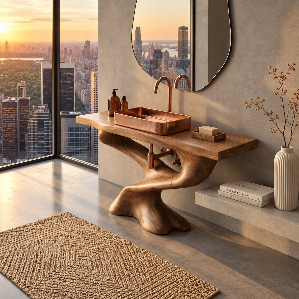 Sculpted S-Curve Bathroom Vanity 30-80 Inch, Carved Solid Wood Pedestal Base with Slab Countertop