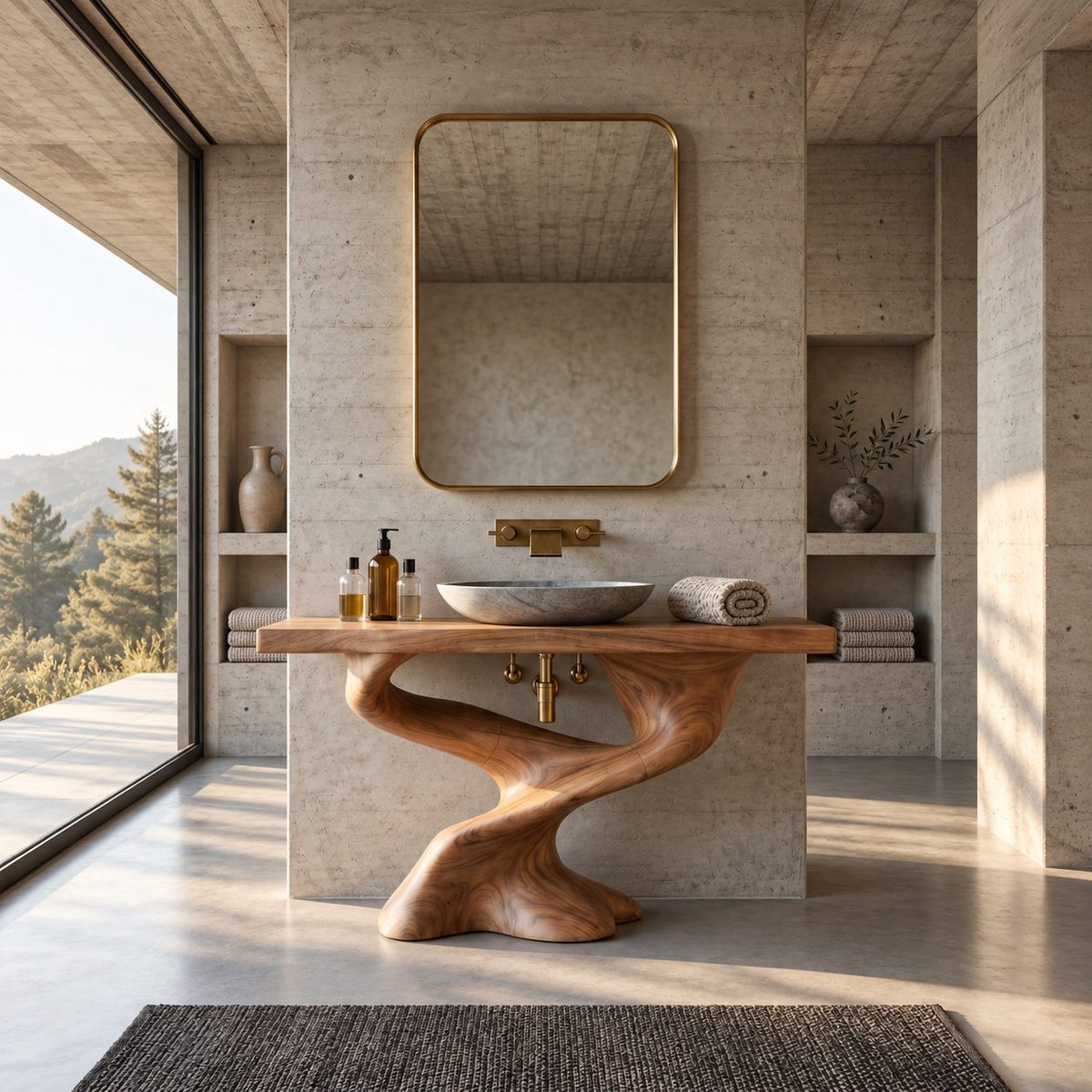 Sculpted S-Curve Bathroom Vanity 30-80 Inch, Carved Solid Wood Pedestal Base with Slab Countertop