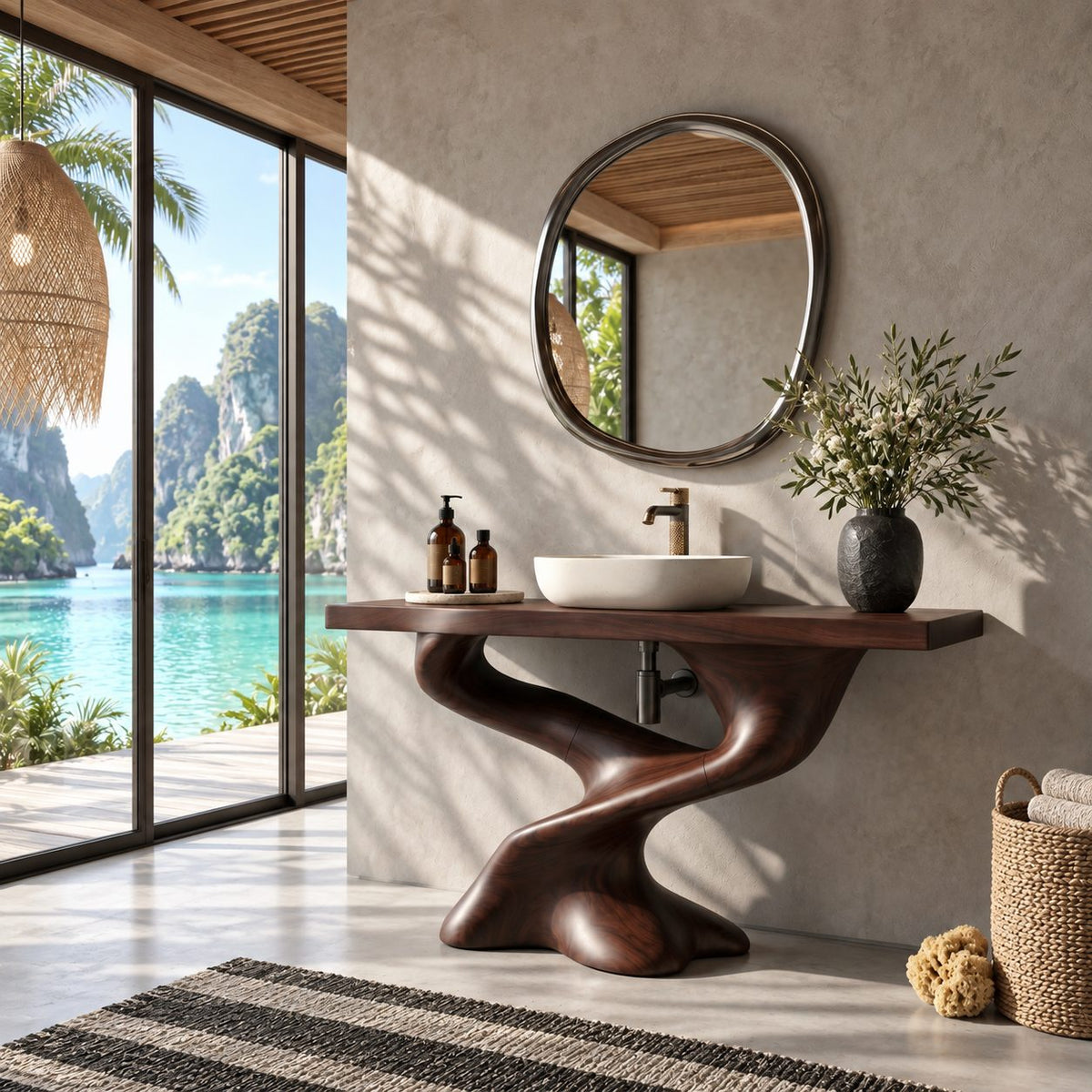 Sculpted S-Curve Bathroom Vanity 30-80 Inch, Carved Solid Wood Pedestal Base with Slab Countertop