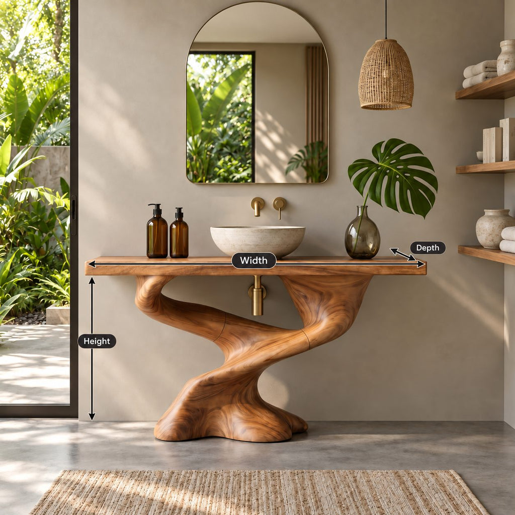 Sculpted S-Curve Bathroom Vanity 30-80 Inch, Carved Solid Wood Pedestal Base with Slab Countertop