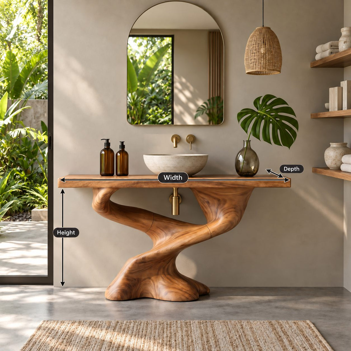 Sculpted S-Curve Bathroom Vanity 30-80 Inch, Carved Solid Wood Pedestal Base with Slab Countertop
