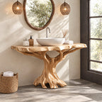Root Base Tree Trunk Vanity 30-80 Inch, Spreading Root Feet Under a Thick Wavy Live Edge Top
