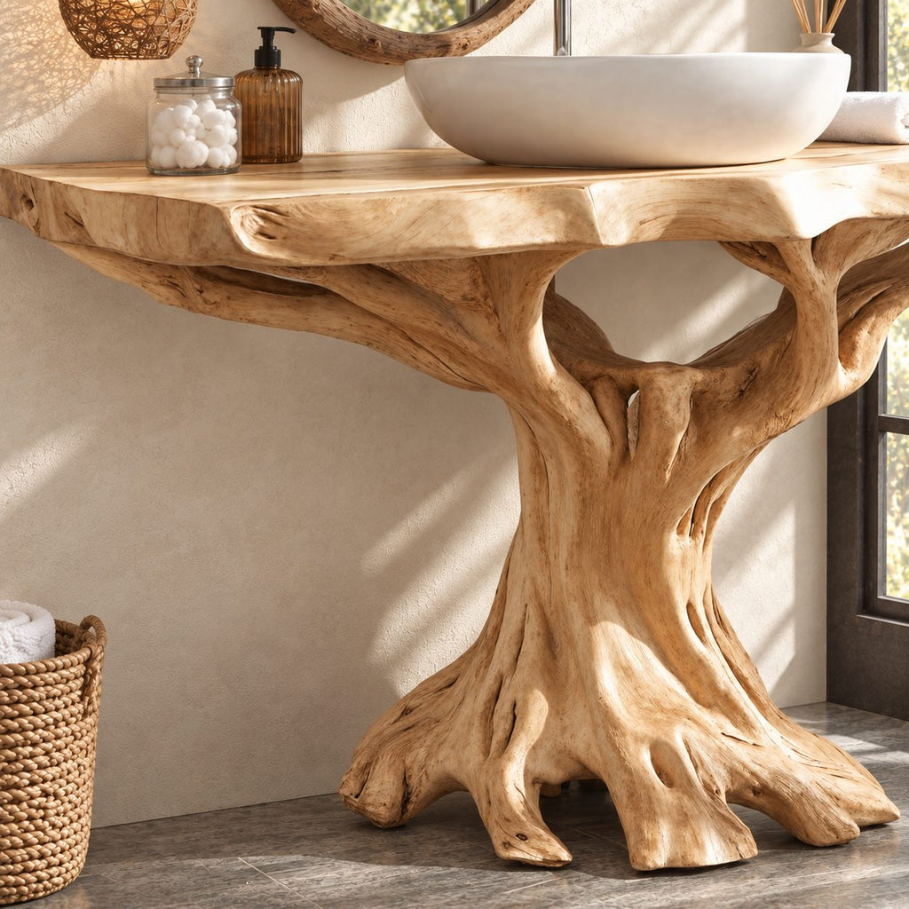 Root Base Tree Trunk Vanity 30-80 Inch, Spreading Root Feet Under a Thick Wavy Live Edge Top