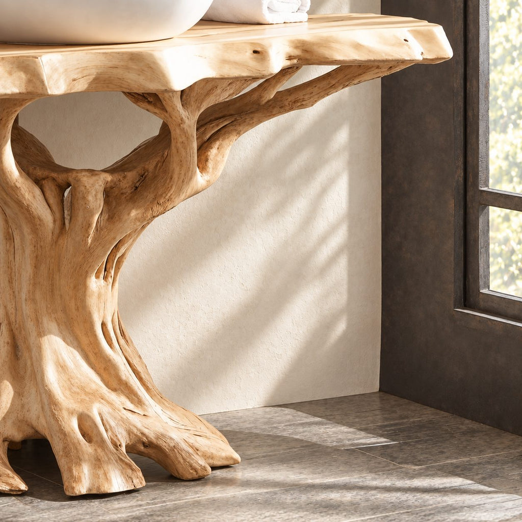 Root Base Tree Trunk Vanity 30-80 Inch, Spreading Root Feet Under a Thick Wavy Live Edge Top