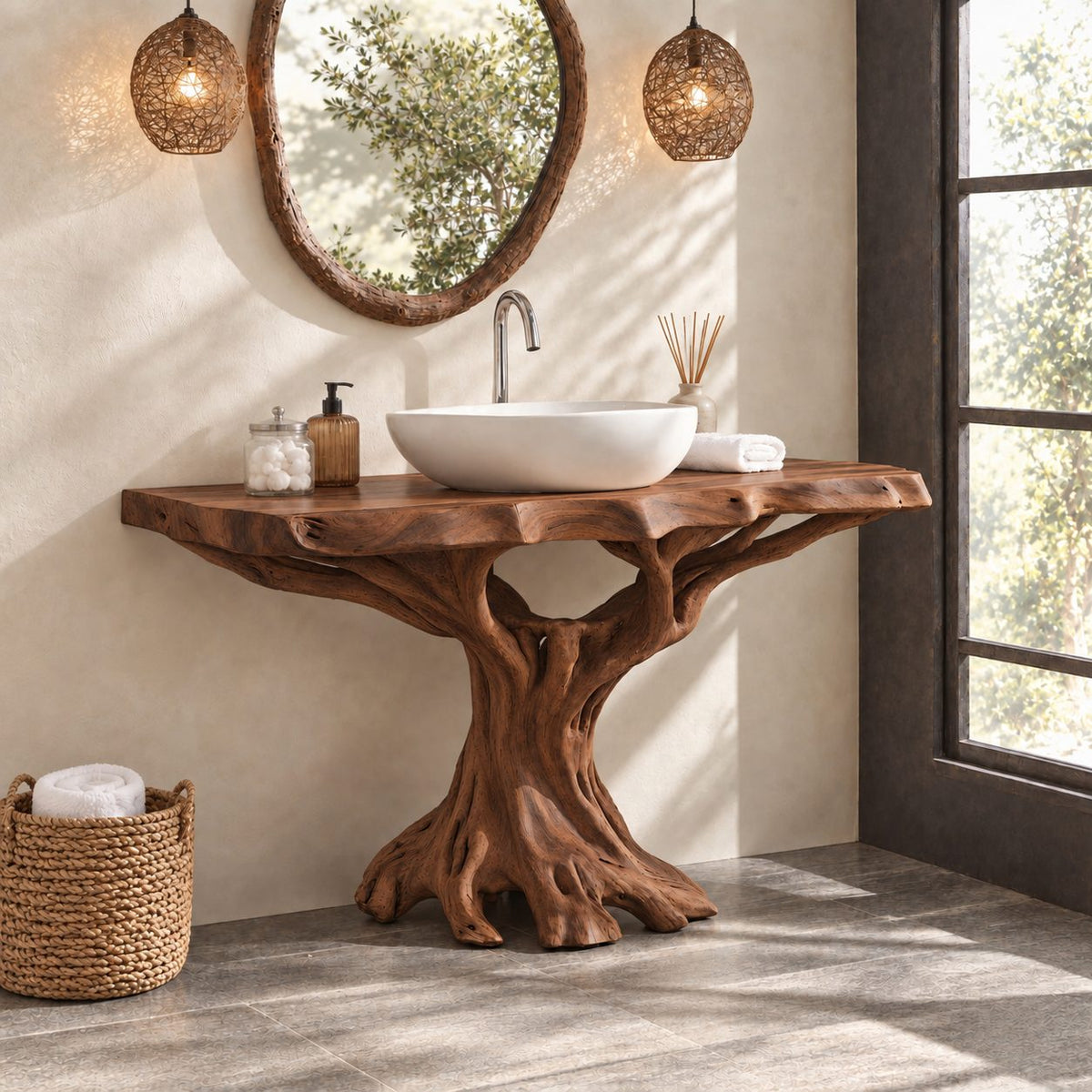 Root Base Tree Trunk Vanity 30-80 Inch, Spreading Root Feet Under a Thick Wavy Live Edge Top
