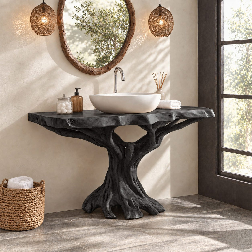 Root Base Tree Trunk Vanity 30-80 Inch, Spreading Root Feet Under a Thick Wavy Live Edge Top