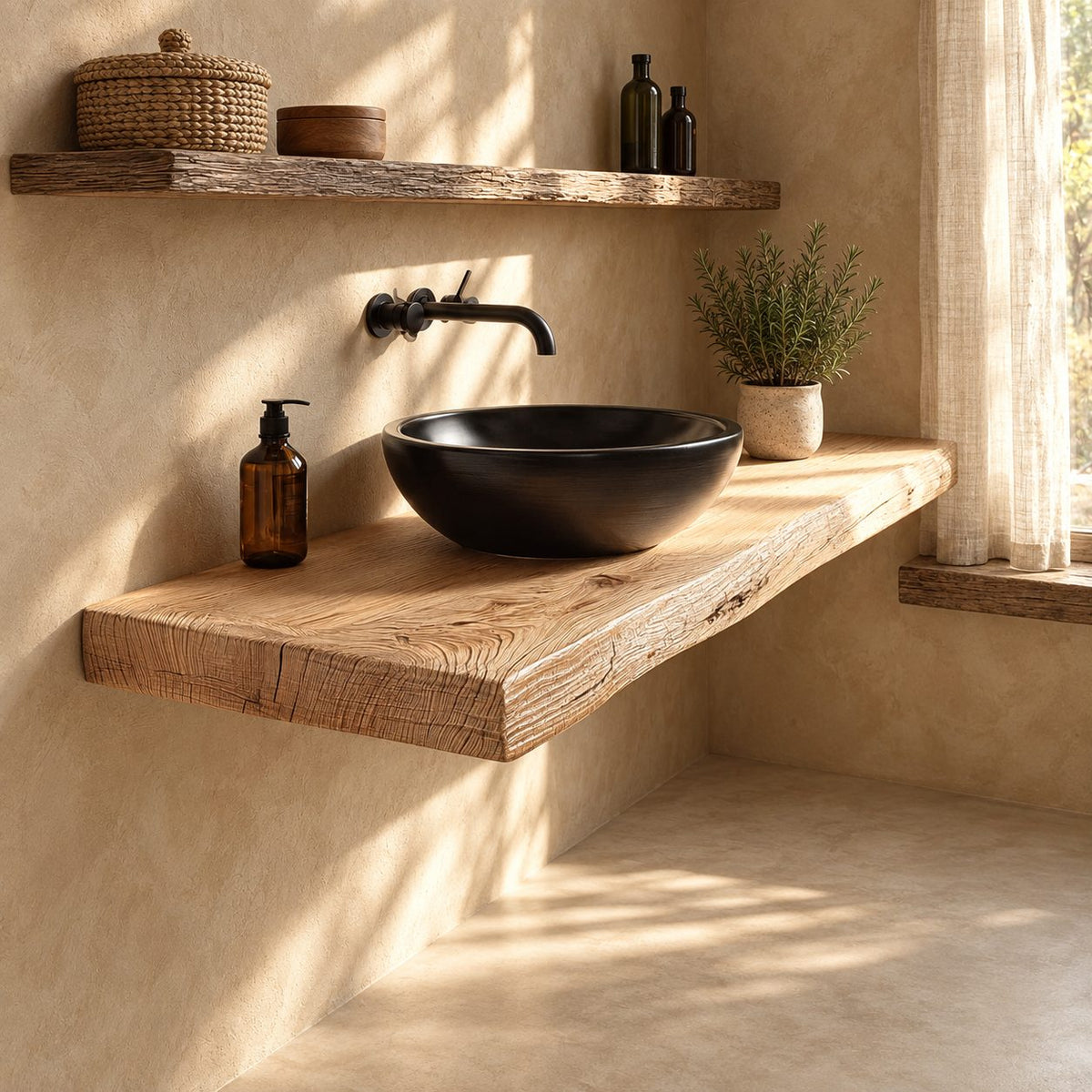 Floating Bathroom Vanity Top 16-48 Inch, Thick Rustic Wood Plank Wall Counter for Vessel Sink