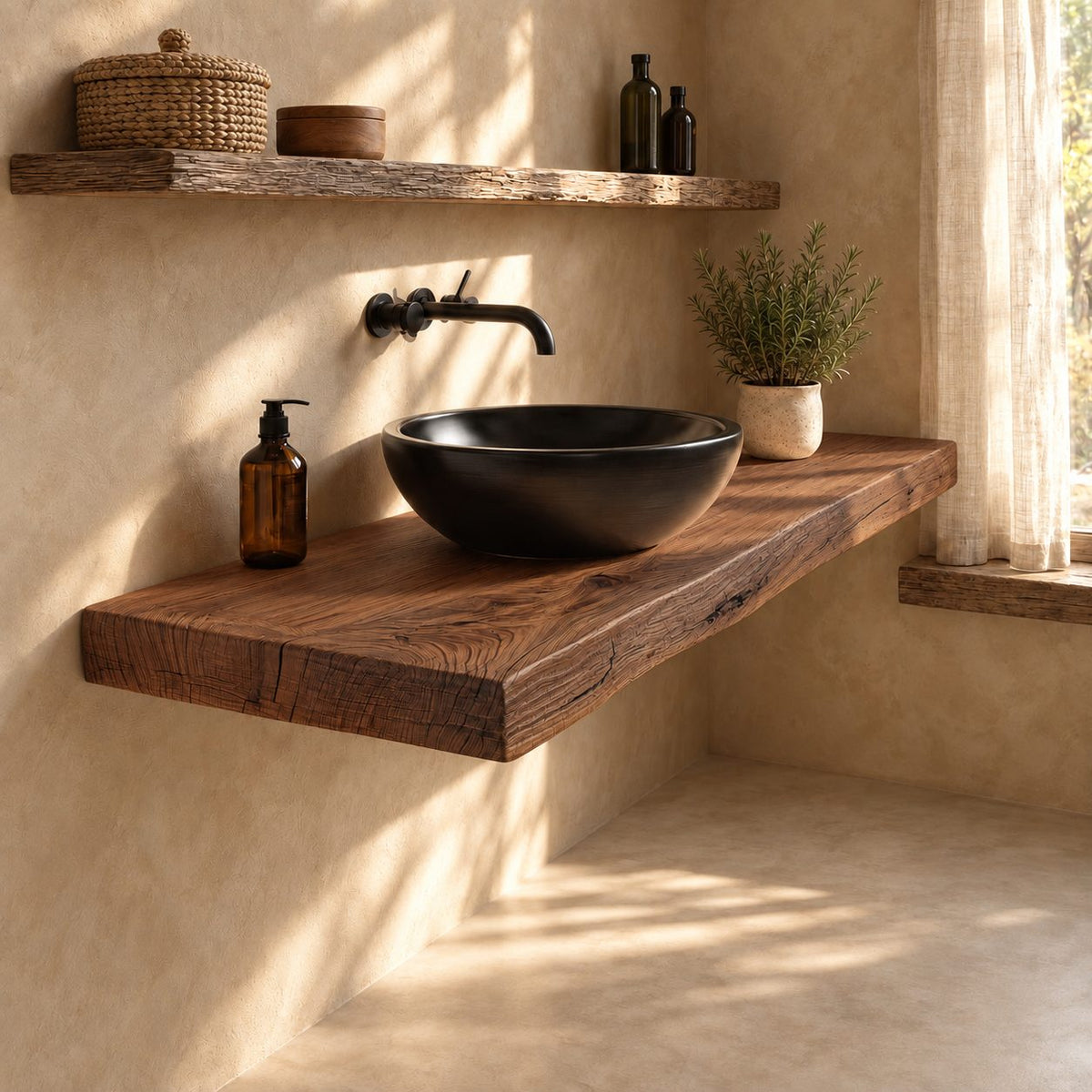 Floating Bathroom Vanity Top 16-48 Inch, Thick Rustic Wood Plank Wall Counter for Vessel Sink