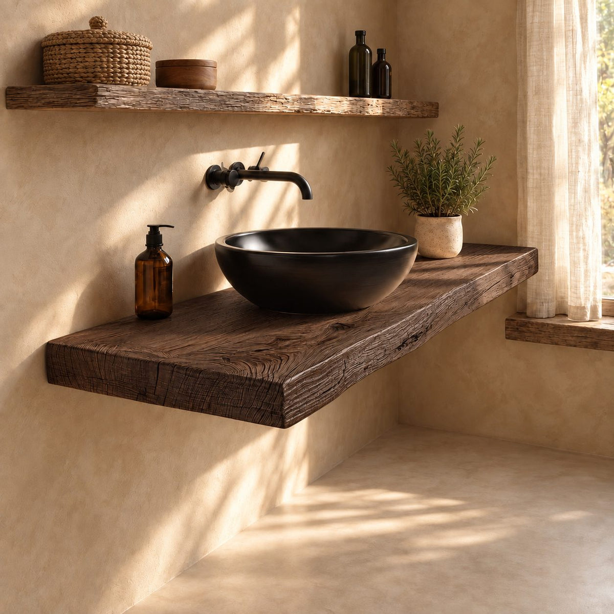 Floating Bathroom Vanity Top 16-48 Inch, Thick Rustic Wood Plank Wall Counter for Vessel Sink
