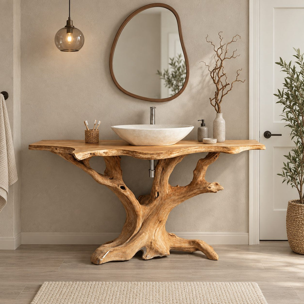 Twisting Driftwood Trunk Vanity 30-80 Inch, Sprawling Root Feet Under a Long Live Edge Bathroom Top