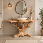 Twisting Driftwood Trunk Vanity 30-80 Inch, Sprawling Root Feet Under a Long Live Edge Bathroom Top