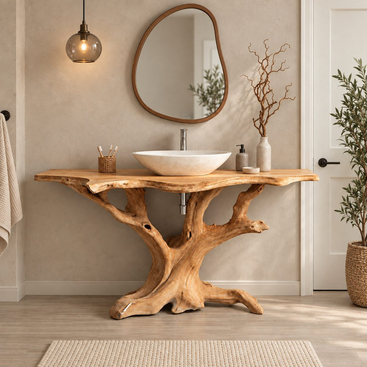 Twisting Driftwood Trunk Vanity 30-80 Inch, Sprawling Root Feet Under a Long Live Edge Bathroom Top