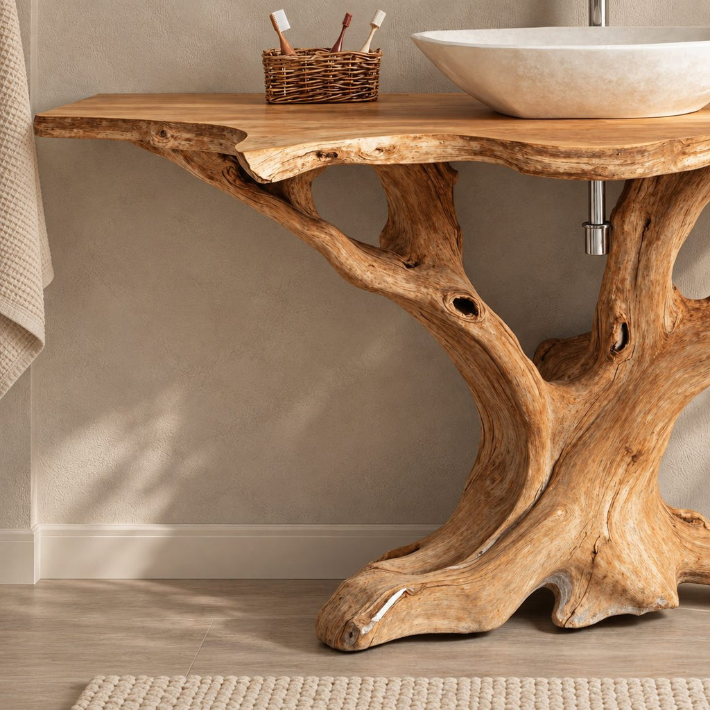 Twisting Driftwood Trunk Vanity 30-80 Inch, Sprawling Root Feet Under a Long Live Edge Bathroom Top