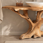 Twisting Driftwood Trunk Vanity 30-80 Inch, Sprawling Root Feet Under a Long Live Edge Bathroom Top