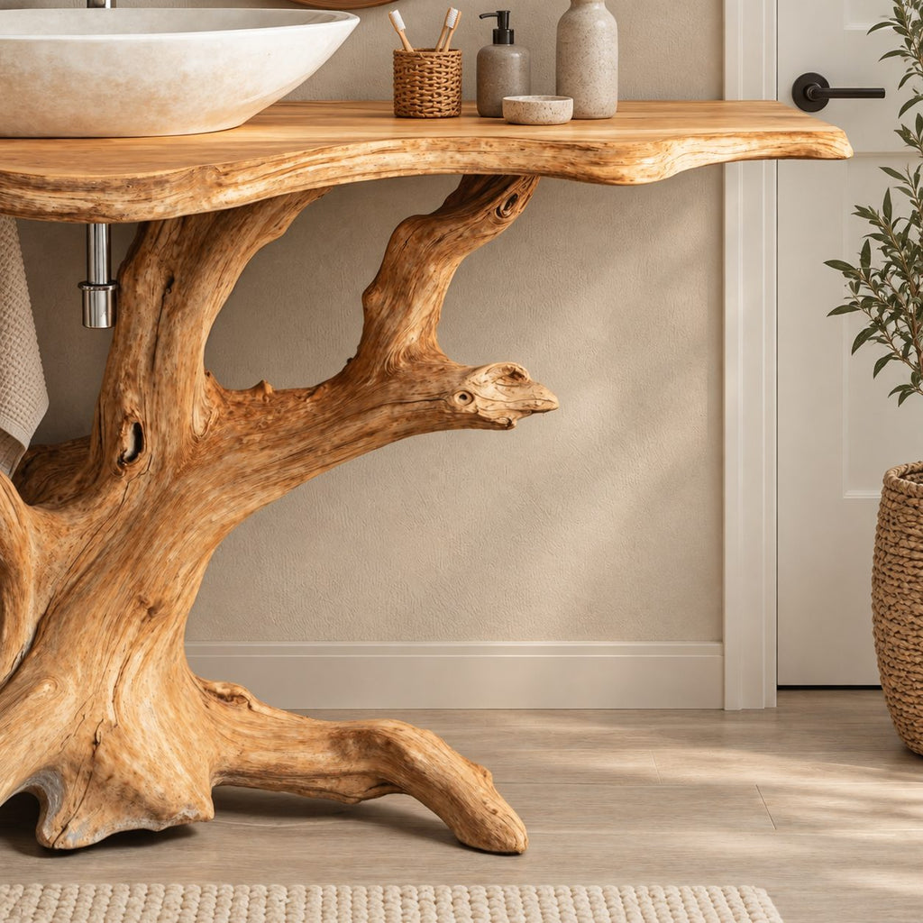 Twisting Driftwood Trunk Vanity 30-80 Inch, Sprawling Root Feet Under a Long Live Edge Bathroom Top