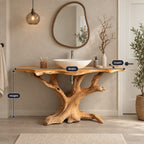 Twisting Driftwood Trunk Vanity 30-80 Inch, Sprawling Root Feet Under a Long Live Edge Bathroom Top