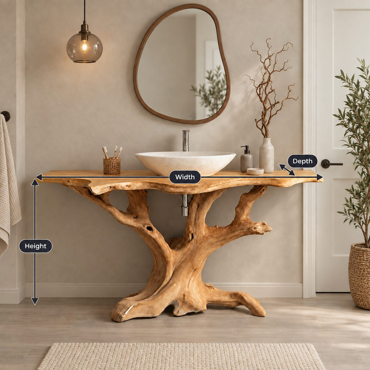 Twisting Driftwood Trunk Vanity 30-80 Inch, Sprawling Root Feet Under a Long Live Edge Bathroom Top