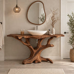 Twisting Driftwood Trunk Vanity 30-80 Inch, Sprawling Root Feet Under a Long Live Edge Bathroom Top