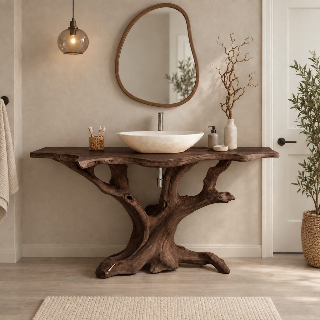 Twisting Driftwood Trunk Vanity 30-80 Inch, Sprawling Root Feet Under a Long Live Edge Bathroom Top