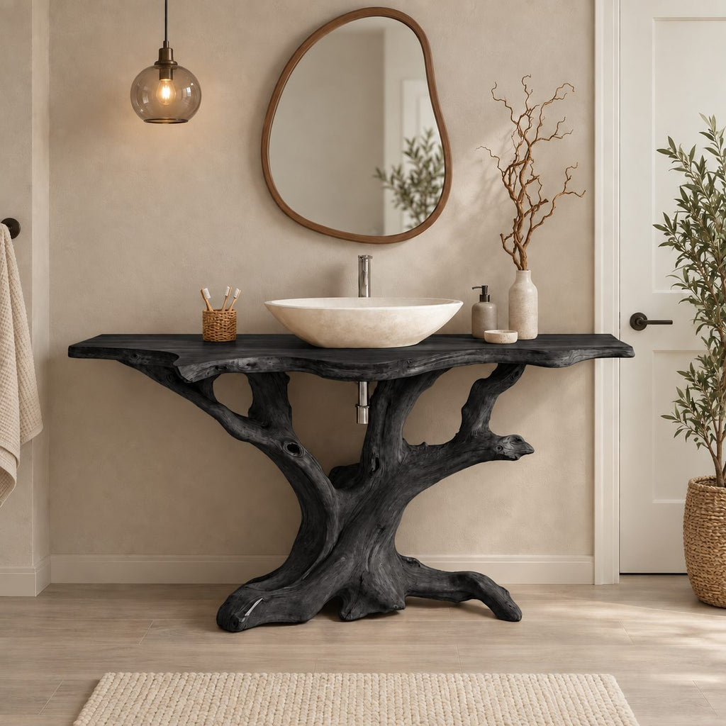 Twisting Driftwood Trunk Vanity 30-80 Inch, Sprawling Root Feet Under a Long Live Edge Bathroom Top