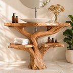 Tree Trunk Bathroom Vanity with Side Shelves 30-79 Inch, Chunky Curving Trunk and Live Edge Top