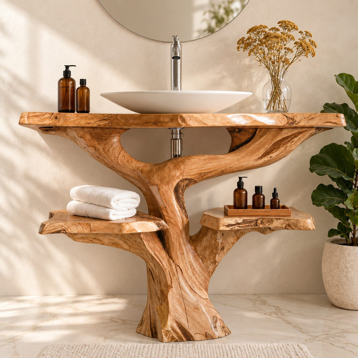 Tree Trunk Bathroom Vanity with Side Shelves 30-79 Inch, Chunky Curving Trunk and Live Edge Top