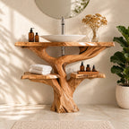 Tree Trunk Bathroom Vanity with Side Shelves 30-79 Inch, Chunky Curving Trunk and Live Edge Top