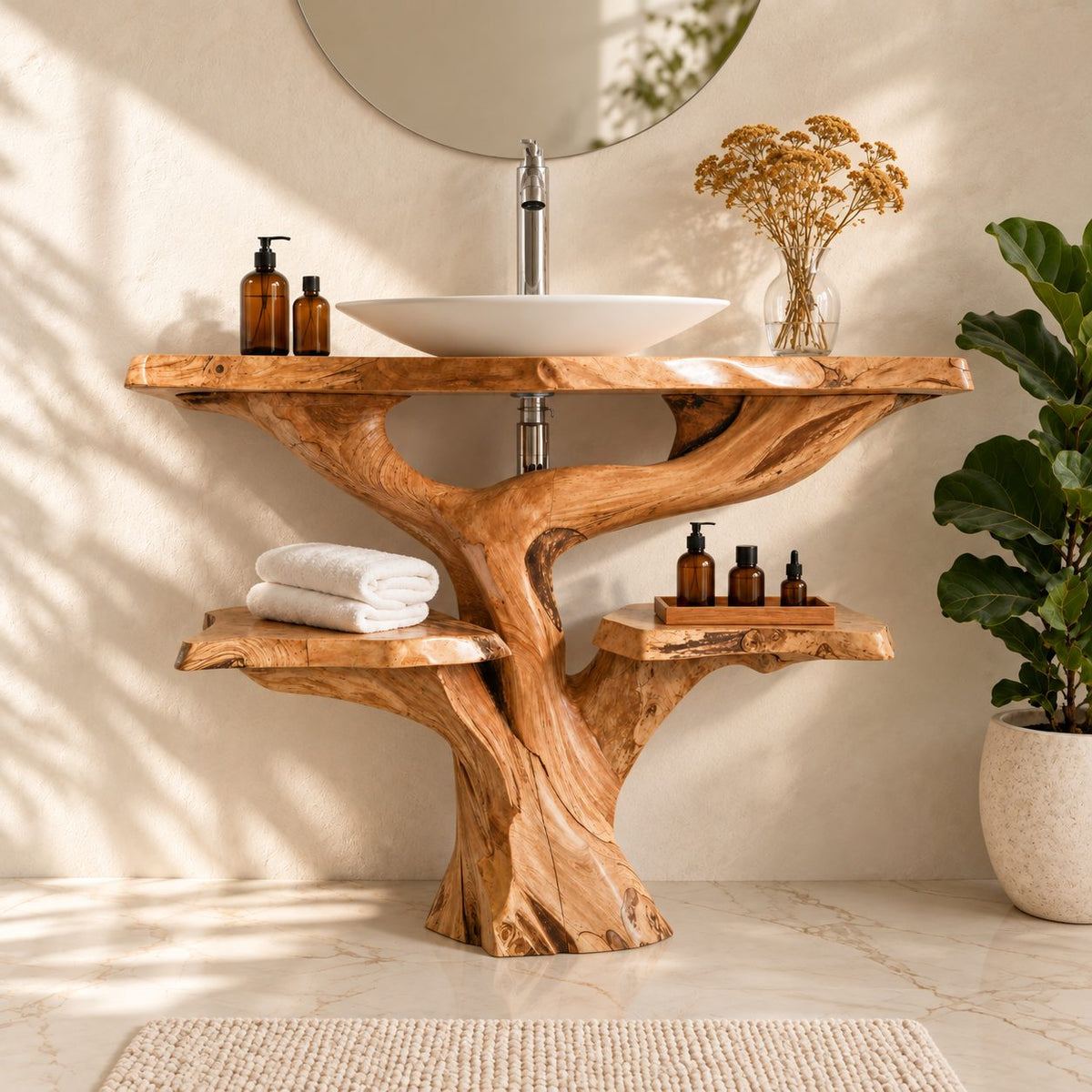 Tree Trunk Bathroom Vanity with Side Shelves 30-79 Inch, Chunky Curving Trunk and Live Edge Top