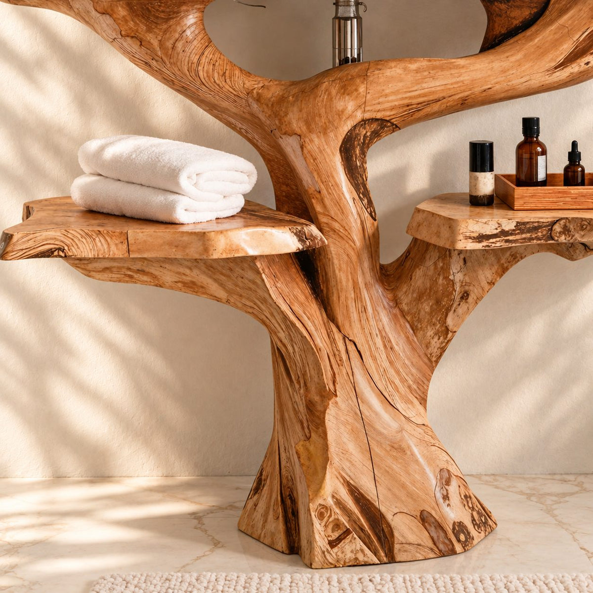 Tree Trunk Bathroom Vanity with Side Shelves 30-79 Inch, Chunky Curving Trunk and Live Edge Top