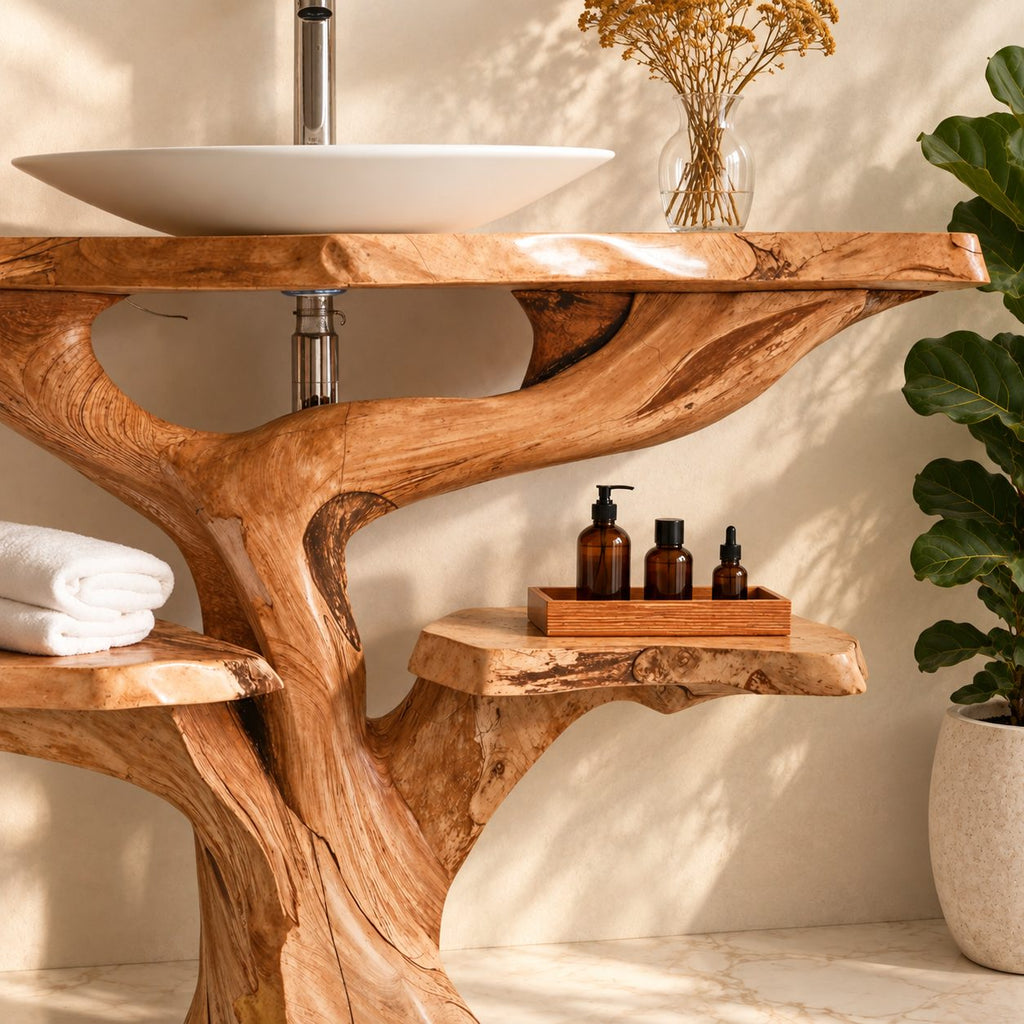 Tree Trunk Bathroom Vanity with Side Shelves 30-79 Inch, Chunky Curving Trunk and Live Edge Top
